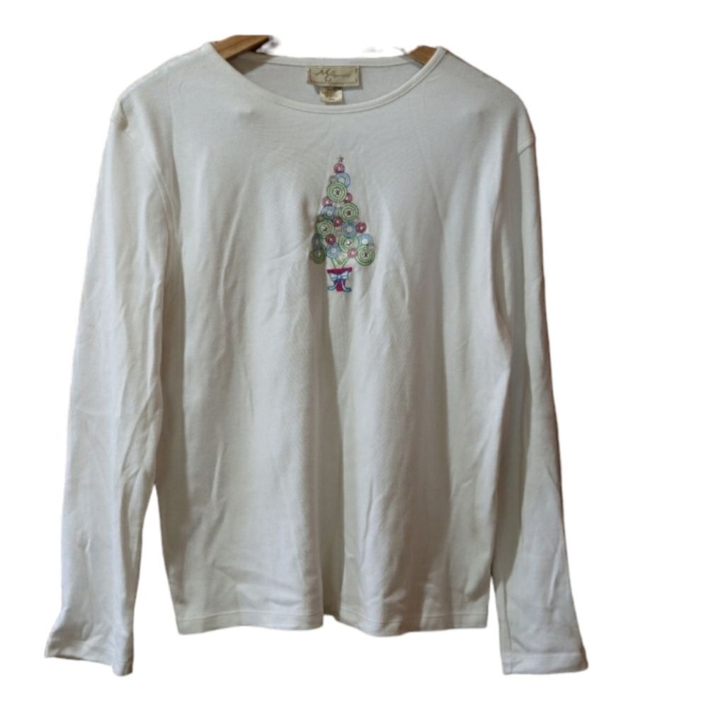 MC Sportswear White Christmas Tree Long Sleeve Scoopneck Festive Top